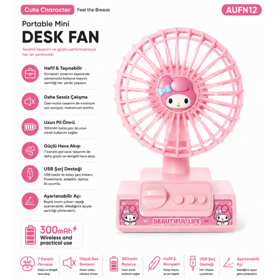 Type-C Şarjlı Mini Masaüstü Vantilatör | 3 Kademe Sessiz Güçlü Fan ve Taşınabilir Tasarım