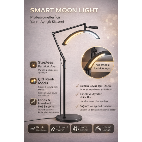 Yarım Ay LED Lamba Moon Light – Kirpik, Protez Tırnak, Makyaj Için Profesyonel Işık, Ayarlanabilir Parlaklık & Çift Renk