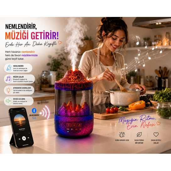 Ortam Nemlendirici, Bluetooth Hoparlör ve Gece Lambası Bir Arada Ortam Nemlendirici, Bluetooth Hoparlör ve Gece Lambası Bir Arada