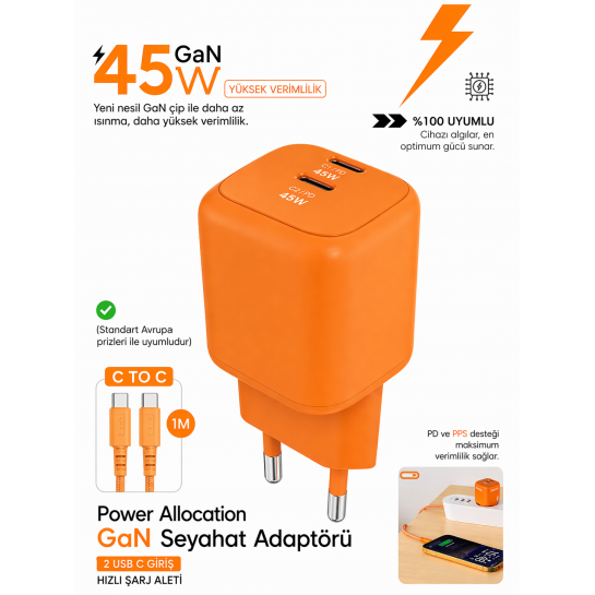 45W GaN Hızlı Şarj Adaptörü Type-C | PD & PPS Destekli Çift Girişli Süper Hızlı Şarj