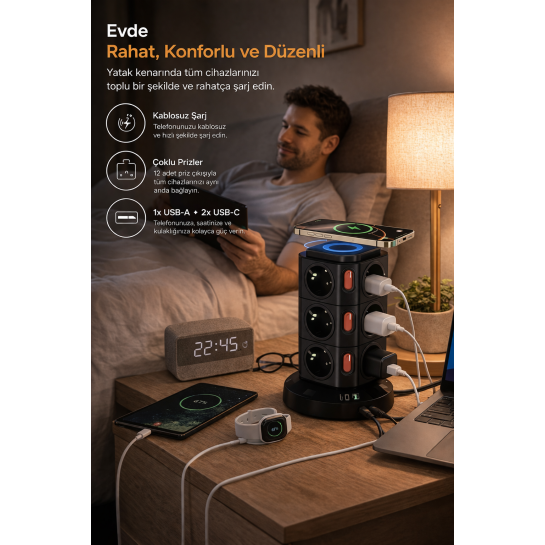 12’li Akıllı Priz Power Tower 3680W Kablosuz Şarjlı Akım Korumalı Çoklu Priz USB-C USB Girişli Güç İstasyonu