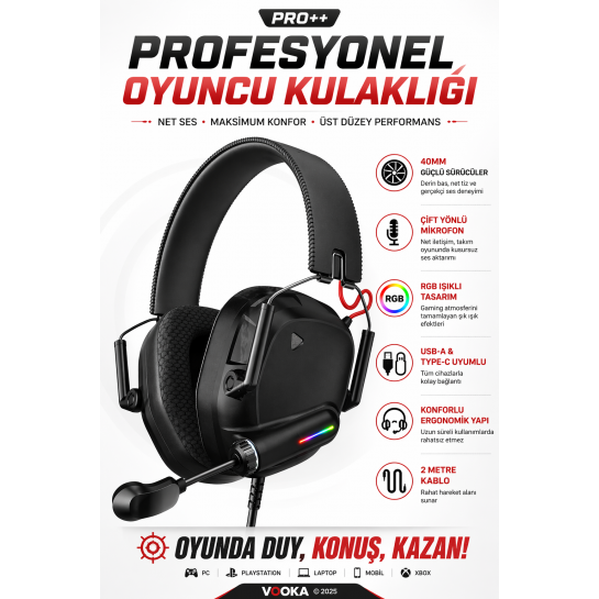 Üst Düzey Oyuncu Kulaklığı RGB Işıklı | Net Ses, Güçlü Bas, Profesyonel Mikrofon