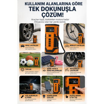 Taşınabilir Akü Takviye Kompresörü 8000mAh Dijital Göstergeli Lastik Şişirme Pompası Powerbank Özellikli