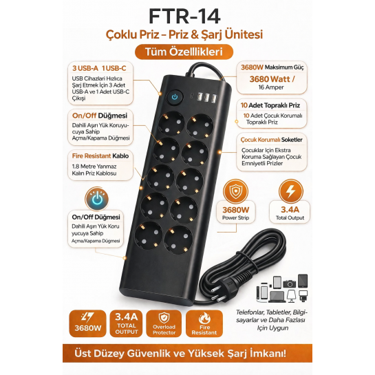 10’lu Çoklu Priz 3680W 16A USB ve Type-C Girişli Akım Korumalı Anahtarlı Priz