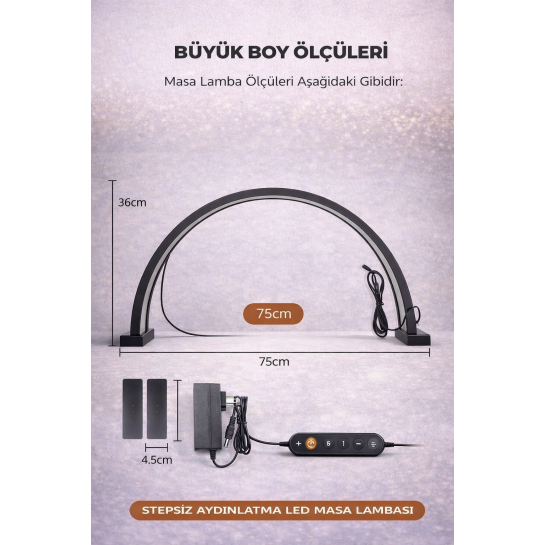 75 cm Yarım Ay LED Lamba – Profesyonel Moon Light, Büyük Boy Kirpik, Protez Tırnak ve Makyaj Lambası, Ayarlanabilir Parlaklık