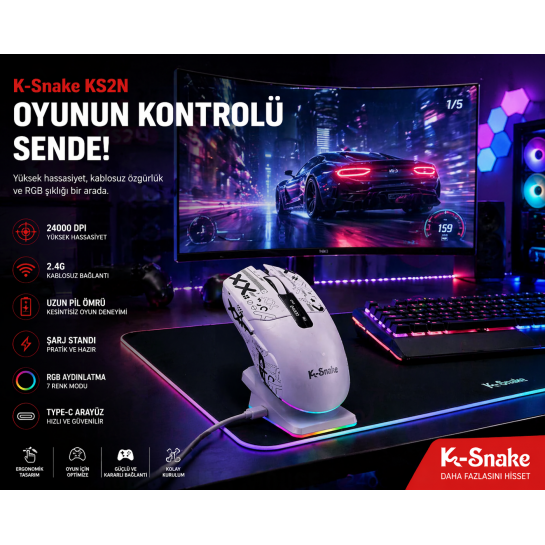 Kablosuz Rgb Gaming Mouse 24000 Dpı Şarj Standlı Type-C Oyuncu Mouse