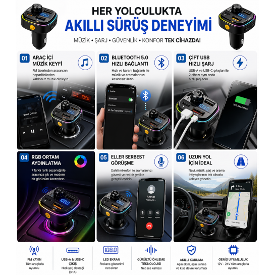 Araç İçi FM Verici Bluetooth 5.0 | Hızlı Şarj USB-A Type-C, Müzik & Konuşma Destekli