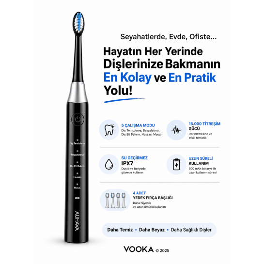 Elektrikli Diş Fırçası Şarjlı 5 Mod 15000 Titreşim IPX7 Su Geçirmez 4 Yedek Başlık