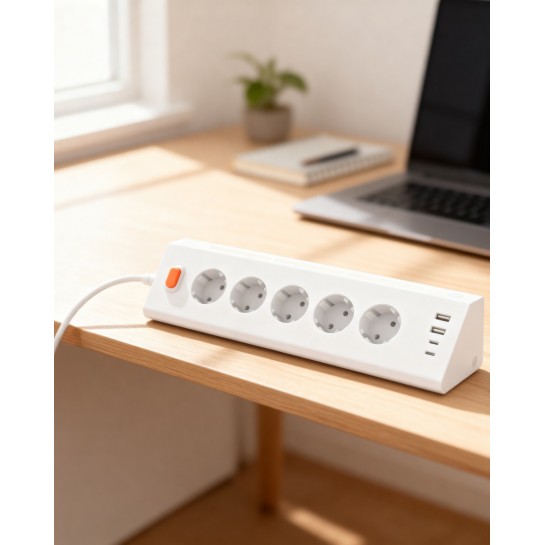 Akıllı Priz Termal Korumalı 5’li Priz 3680W | LED Işıklı Çoklu Çoklu Akım Prizi USB | Usb-C