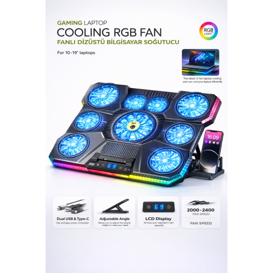 9 Fanlı Laptop Soğutucu 2400 Rpm Ultra Güçlü Fan 13-19 inç Laptoplar İle Uyumlu 8 Kademe Yükseklik 9 Fanlı Laptop Soğutucu 2400 Rpm Ultra Güçlü Fan 13-19 inç Laptoplar İle Uyumlu 8 Kademe Yükseklik