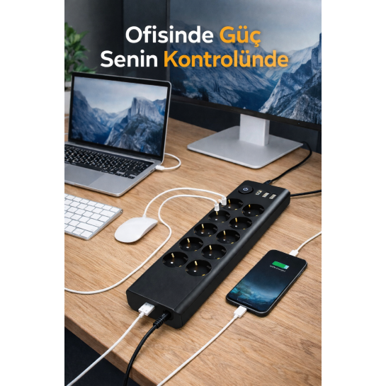 10’lu Çoklu Priz 3680W 16A USB ve Type-C Girişli Akım Korumalı Anahtarlı Priz