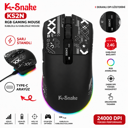 Kablosuz Rgb Gaming Mouse 24000 Dpı Şarj Standlı Type-C Oyuncu Mouse .