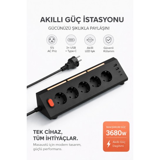 Akıllı Priz Termal Korumalı 5’li Priz 3680W | LED Işıklı Çoklu Çoklu Akım Prizi USB | Usb-C