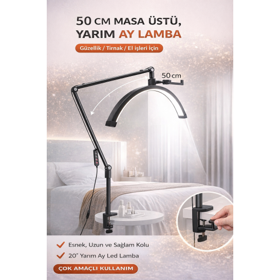 Masa Üstü Yarım Ay LED Lamba – Profesyonel Moon Light, Kirpik, Protez Tırnak ve Makyaj Için Ayarlanabilir Işık