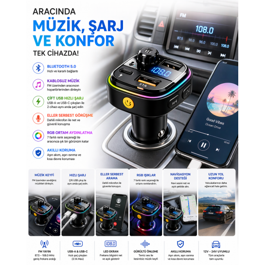 Araç İçi FM Verici Bluetooth 5.0 | Hızlı Şarj USB-A Type-C, Müzik & Konuşma Destekli