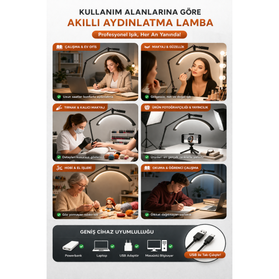 Masa Üstü Yarım Ay LED Lamba – Profesyonel Moon Light, Kirpik, Protez Tırnak ve Makyaj Için Ayarlanabilir Işık