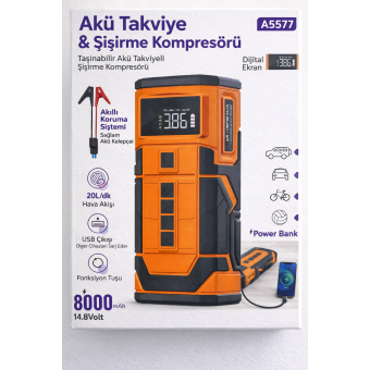 Taşınabilir Akü Takviye Kompresörü 8000mAh Dijital Göstergeli Lastik Şişirme Pompası Powerbank Özellikli