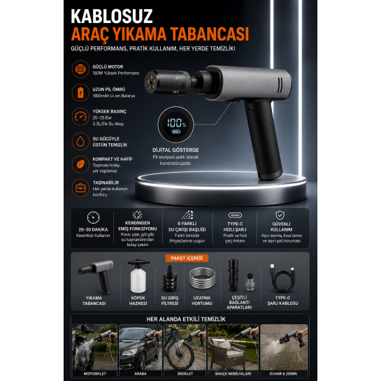 Araç Yıkama Tabancası Kablosuz Basınçlı 180W – 20-25 Bar, 6 Kademeli Su Çıkışı, Dijital Göstergeli, Type-C Şarjlı Oto Yıkama Makinesi Araç Yıkama Tabancası Kablosuz Basınçlı 180W – 20-25 Bar, 6 Kademeli Su Çıkışı, Dijital Göstergeli, Type-C Şarjlı Oto Yıkama Makinesi