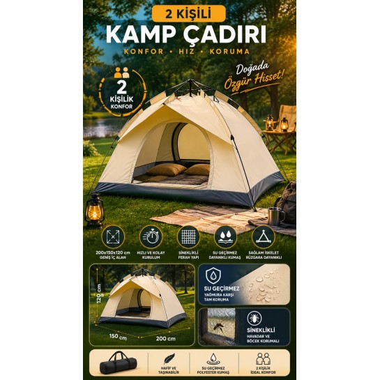 Tam Otomatik Kamp Çadırı 2 Kişilik 200x150 cm 3 Saniyede Kurulum Su Geçirmez Geniş Çadır Outdoor
