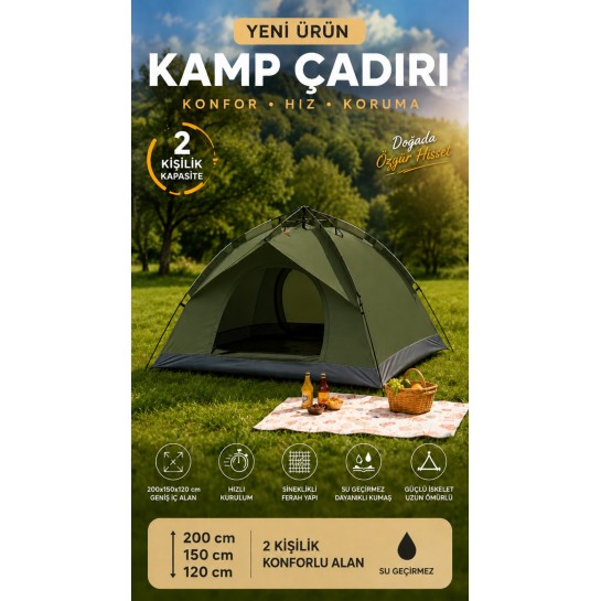 Tam Otomatik Kamp Çadırı 2 Kişilik 200x150 cm 3 Saniyede Kurulum Su Geçirmez Geniş Çadır Outdoor