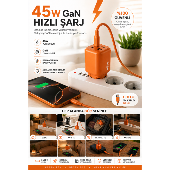 45W GaN Hızlı Şarj Adaptörü Type-C | PD & PPS Destekli Çift Girişli Süper Hızlı Şarj