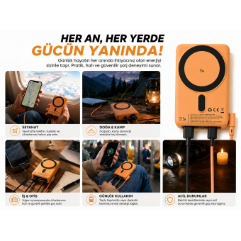 Profesyonel Manyetik Kablosuz Powerbank 10000mAh | 22.5W Hızlı Şarj, Type-C Kablolu, Dijital Göstergeli