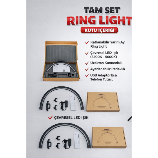 75 cm Yarım Ay LED Lamba – Profesyonel Moon Light, Büyük Boy Kirpik, Protez Tırnak ve Makyaj Lambası, Ayarlanabilir Parlaklık