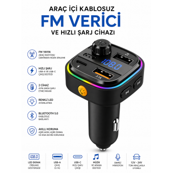 Araç İçi FM Verici Bluetooth 5.0 | Hızlı Şarj USB-A Type-C, Müzik & Konuşma Destekli