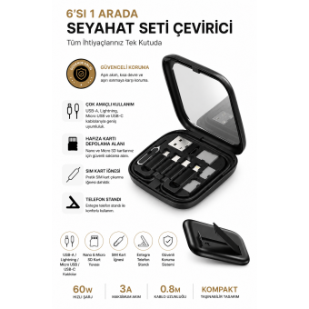 6'sı 1 Arada Seyahat Seti Çevirici | 60W Hızlı Şarj, SIM Kart İğnesi, USB Dönüştürücü, Nano & Micro SD Kart Yuvası
