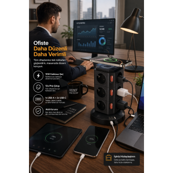 12’li Akıllı Priz Power Tower 3680W Kablosuz Şarjlı Akım Korumalı Çoklu Priz USB-C USB Girişli Güç İstasyonu