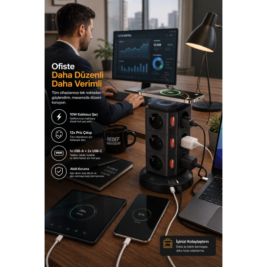 12’li Akıllı Priz Power Tower 3680W Kablosuz Şarjlı Akım Korumalı Çoklu Priz USB-C USB Girişli Güç İstasyonu