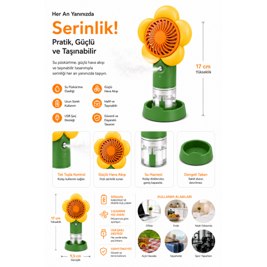 Su Soğutmalı Mini Vantilatör | Type-C Şarjlı 3 Kademe Sessiz Püskürtmeli Masaüstü Fan