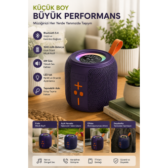Taşınabilir Bluetooth Hoparlör 6W Güçlü Ses, RGB LED Işık, 1500 mAh Batarya, TF Kart Destekli Kablosuz Mini Hoparlör