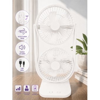 80° Ayarlanabilir Premium Çift Fanlı Mini Klima Etkili Sessiz Masaüstü Şarjlı Fan