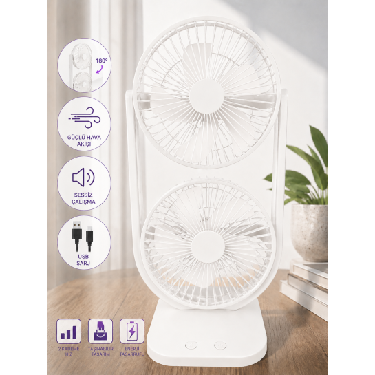 80° Ayarlanabilir Premium Çift Fanlı Mini Klima Etkili Sessiz Masaüstü Şarjlı Fan