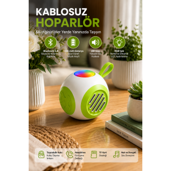 RGB Işıklı Taşınabilir Bluetooth Hoparlör 6W Güçlü Ses, 1200 mAh Batarya, Bluetooth 5.4, TF Kart Destekli Mini 