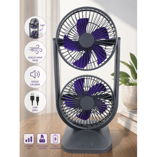 80° Ayarlanabilir Premium Çift Fanlı Mini Klima Etkili Sessiz Masaüstü Şarjlı Fan.