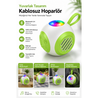 RGB Işıklı Taşınabilir Bluetooth Hoparlör 6W Güçlü Ses, 1200 mAh Batarya, Bluetooth 5.4, TF Kart Destekli Mini 