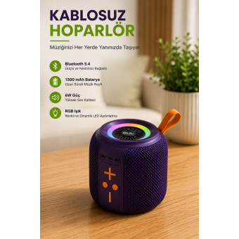 Taşınabilir Bluetooth Hoparlör 6W Güçlü Ses, RGB LED Işık, 1500 mAh Batarya, TF Kart Destekli Kablosuz Mini Hoparlör