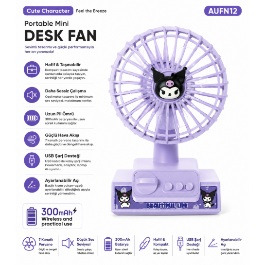 Type-C Şarjlı Mini Masaüstü Vantilatör | 3 Kademe Sessiz Güçlü Fan ve Taşınabilir Tasarım