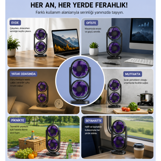 80° Ayarlanabilir Premium Çift Fanlı Mini Klima Etkili Sessiz Masaüstü Şarjlı Fan.