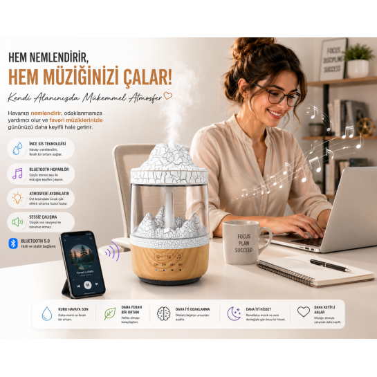 Ortam Nemlendirici, Bluetooth Hoparlör ve Gece Lambası Bir Arada Ortam Nemlendirici, Bluetooth Hoparlör ve Gece Lambası Bir Arada