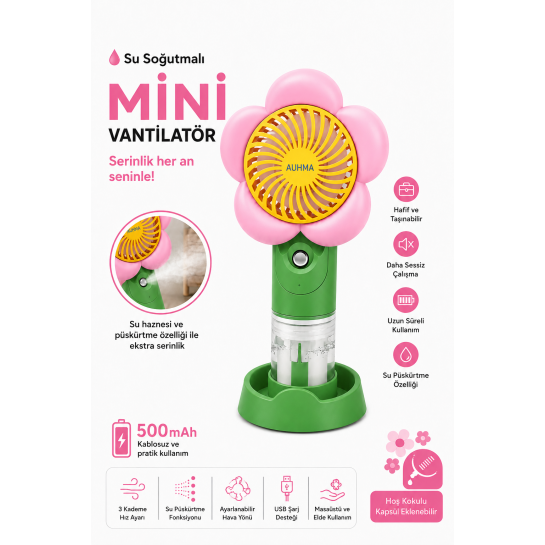 Su Soğutmalı Mini Vantilatör | Type-C Şarjlı 3 Kademe Sessiz Püskürtmeli Masaüstü Fan