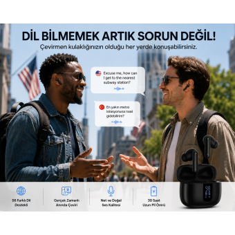 Çevirmen Kulaklık 56 Dil Destekli Yapay Zeka ANC ENC Bluetooth Kablosuz Kulaklık