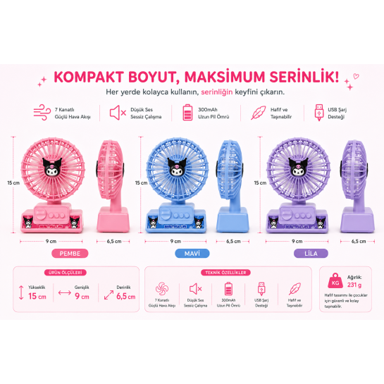 Type-C Şarjlı Mini Masaüstü Vantilatör | 3 Kademe Sessiz Güçlü Fan ve Taşınabilir Tasarım