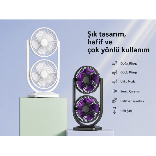 80° Ayarlanabilir Premium Çift Fanlı Mini Klima Etkili Sessiz Masaüstü Şarjlı Fan