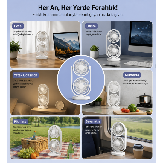 80° Ayarlanabilir Premium Çift Fanlı Mini Klima Etkili Sessiz Masaüstü Şarjlı Fan
