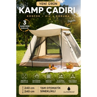 240x240 cm Tam Otomatik Kamp Çadırı – Geniş Aile Boy Su Geçirmez Outdoor Çadır