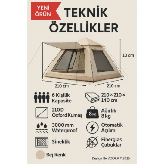 240x240 cm Tam Otomatik Kamp Çadırı – Geniş Aile Boy Su Geçirmez Outdoor Çadır