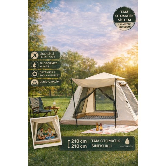 Tam Otomatik Sineklikli Kamp Çadırı – 210x210 cm Su Geçirmez Outdoor Çadır